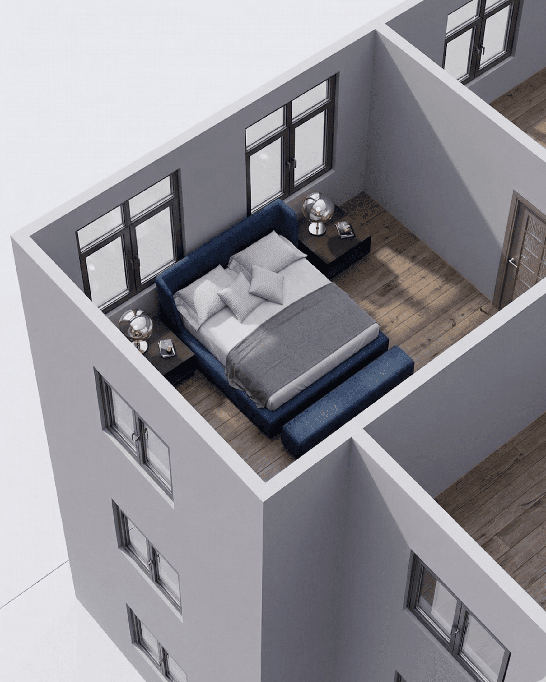 3D model of a bedroom automatically generated from a 2D floorplan