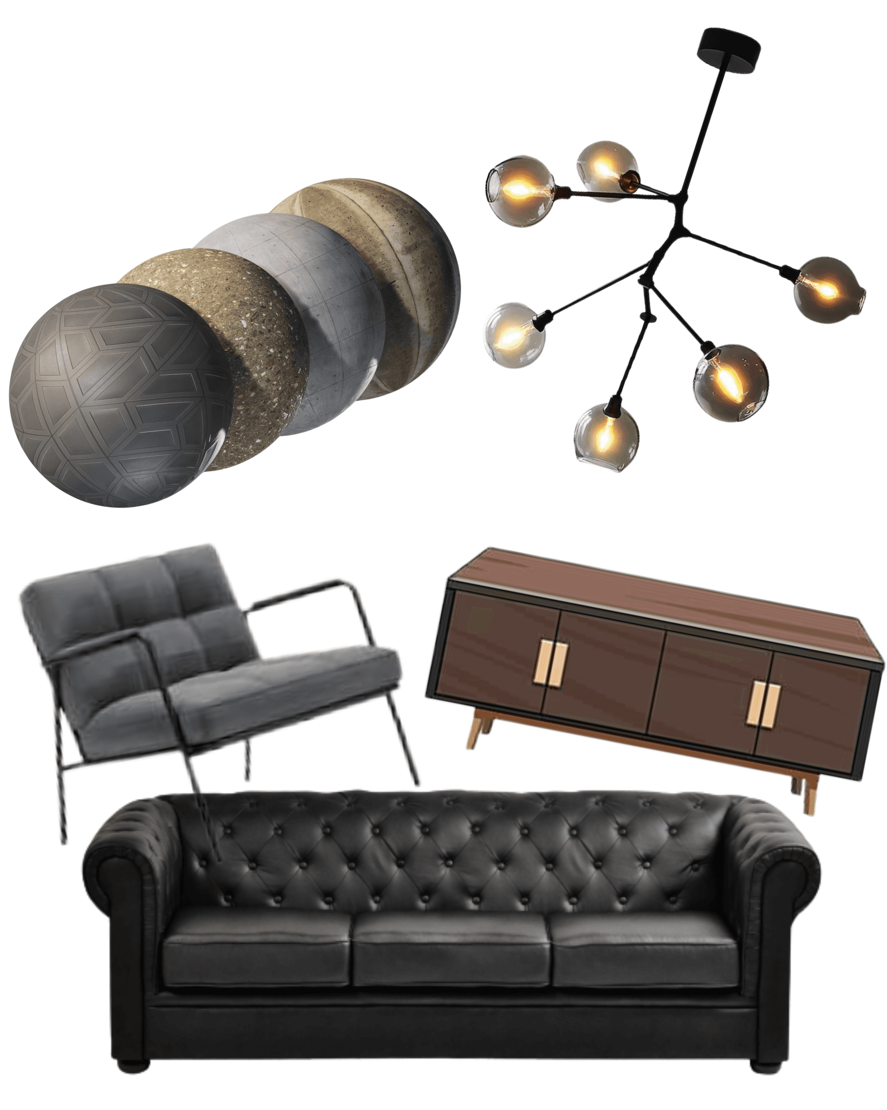 Collection of 3D furniture, materials, and lighting assets