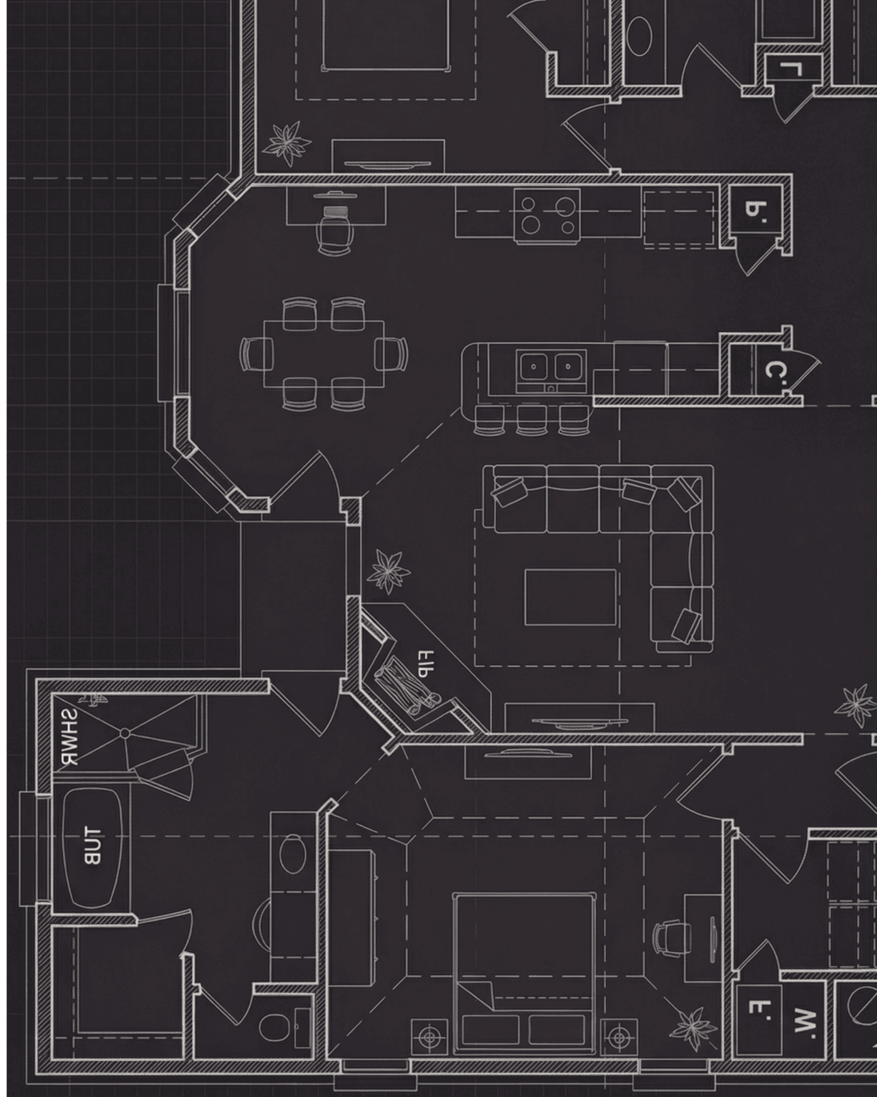 Professional 2D floorplan with furniture layout on dark background