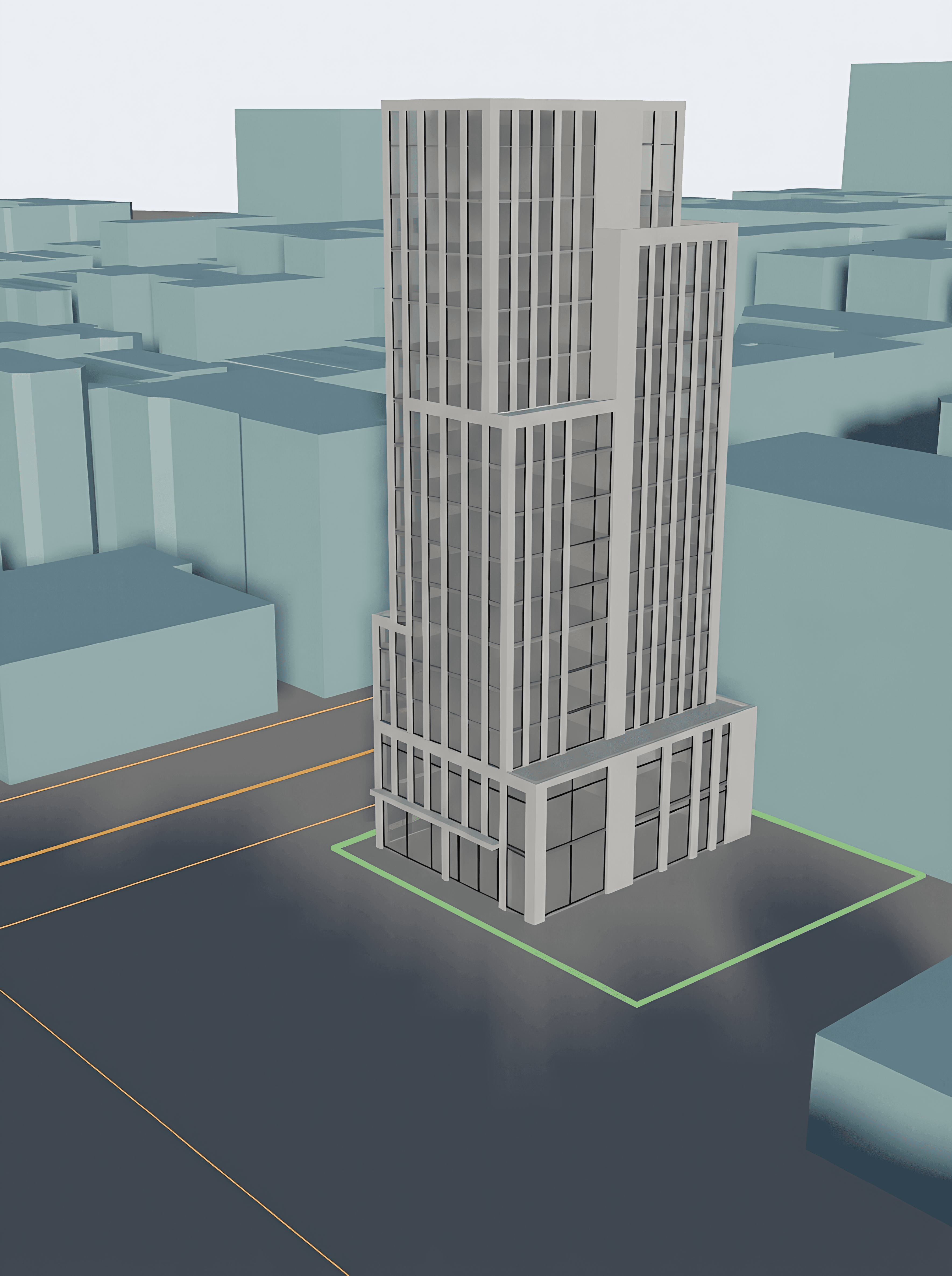 3D site context model showing building surrounded by context buildings and roads