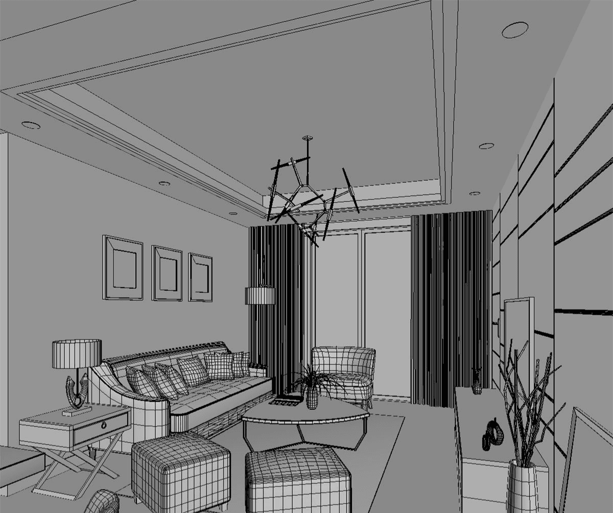 Wireframe sketch render of a living room