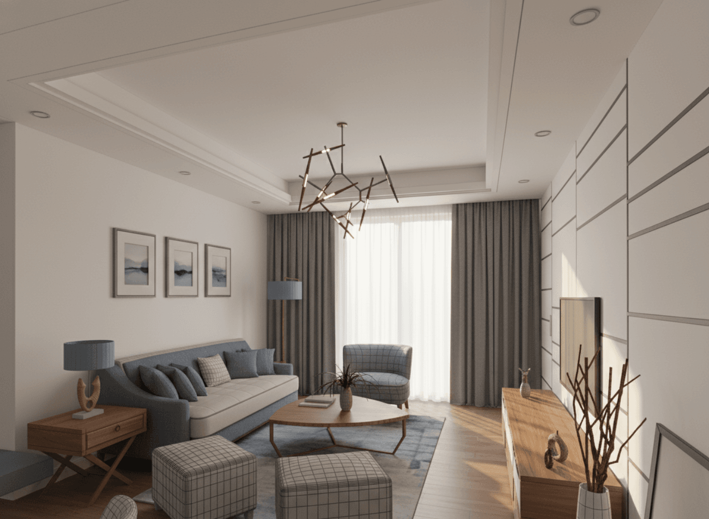 Photorealistic render of the same living room